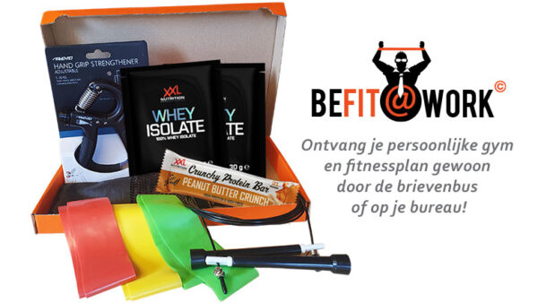 Be fit at work plus pakket. met weerstandsbanden, springtouw, reep, XXL Nutrition protein poeder, handknijper