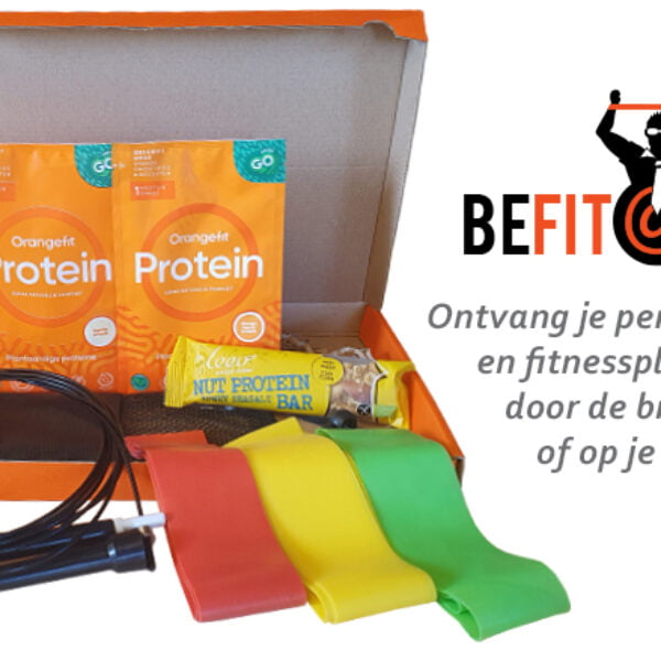 Be fit at work start pakket. met weerstandsbanden, springtouw, reep, Orangefit protein poeder