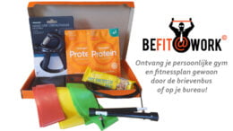 Be fit at work plus pakket. met weerstandsbanden, springtouw, reep, Orangefit protein poeder, handknijper