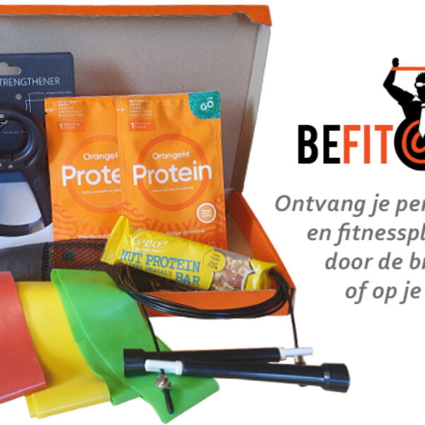 Be fit at work plus pakket. met weerstandsbanden, springtouw, reep, Orangefit protein poeder, handknijper