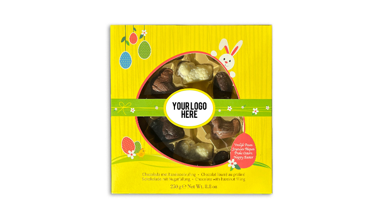 Chocolade paasfiguren in gele doos met logo