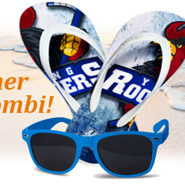 Zomer combinatie slippers met zonnebril bedrukt met eigen ontwerp, verkrijgbaar in diverse kleuren