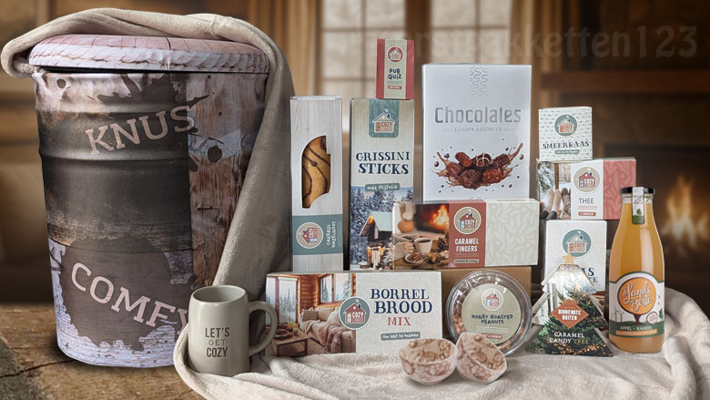 Exclusief Knus Kerstpakket met Scandinavische opbergpoef, plaid en heerlijke hapjes. Een uniek cadeau van Happz