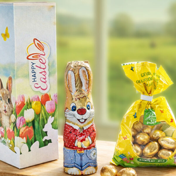 Een duurzaam en feestelijk paasgeschenk met A-merk chocolade, personaliseerbaar met logo