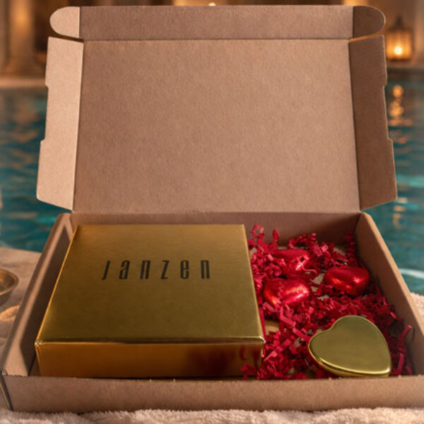 Een stijlvol en warm gebaar: luxe Janzen brievenbuspakket met gouden details en chocoladehartjes
