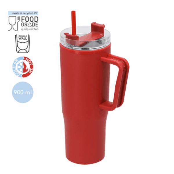 Grote thermoskan mok van 900 ml met handvat en rietje, gemaakt van gerecycled materiaal en geschikt voor bedrukking met logo.
