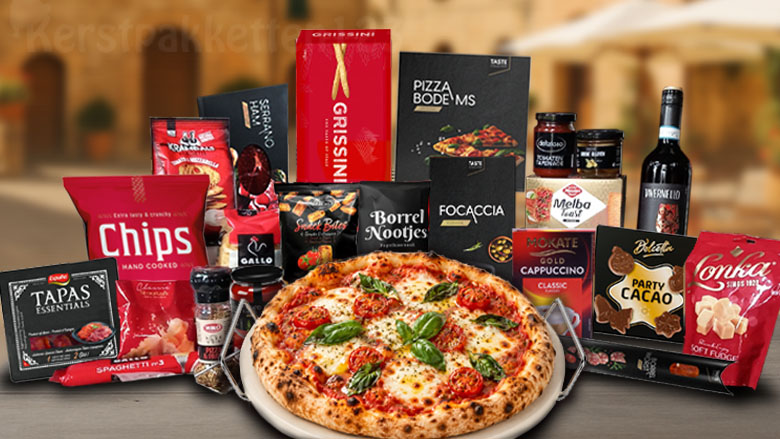 Italiaans kerstpakket La Dolce Vita met pizzasteen, rode wijn en Italiaanse lekkernijen.