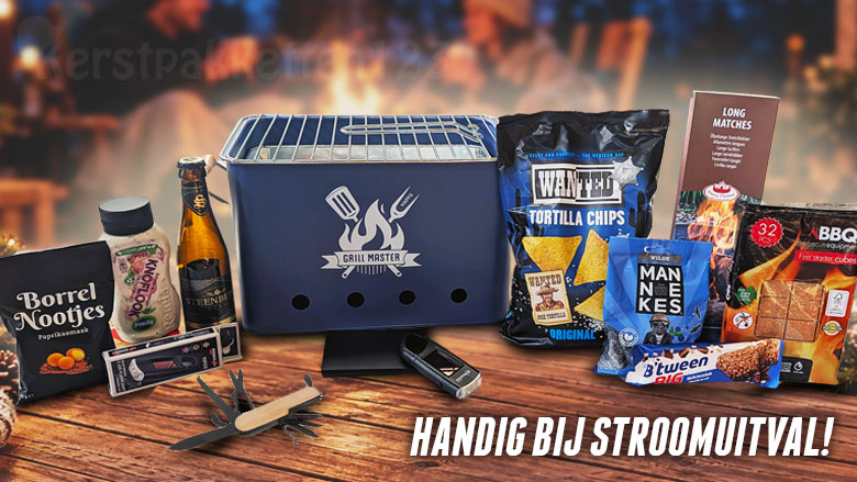 Kerstpakket Nuttig bij stroomuitval noodpakket stroomuitval met HAPPZ BBQ, powerbank, solar zaklamp en multitool